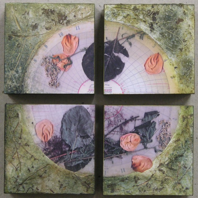 Plant material, photocopy, acrylic paint, and molding paste on wood panel (each  6" x 6")
